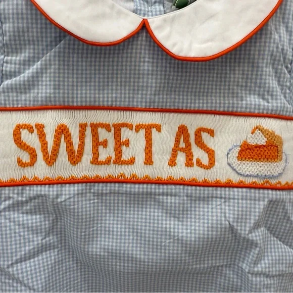 little sloans Blue Gingham smocked Baby Romper pie thanksgiving - Picture 3 of 4